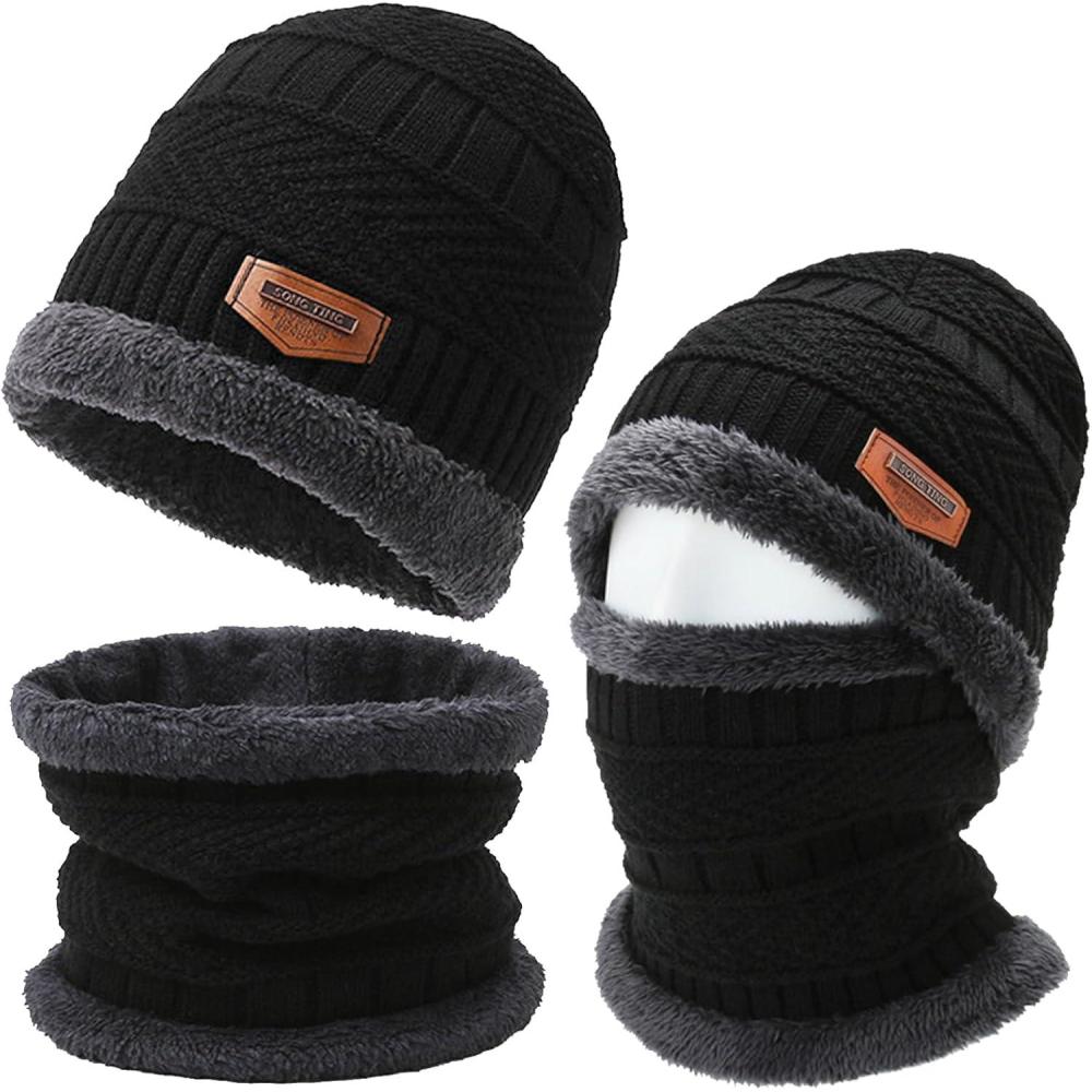 image:imageEnsemble Bonnet Tour de Cou Homme Hiver Bonnet dhiver Doubls de Polaire et Cache Cou Homme Chapeau et charpe  Boucle pour HommesNoir