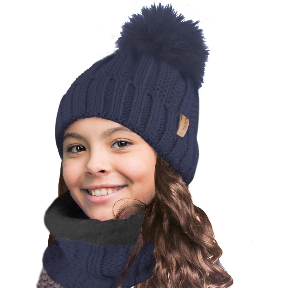 image:imageTOSKATOK enfants filles hiver ctes point de graine thermique chaud confortable polaire doubl cachecou Snood charpe avec chapeau ensembleTaille uniqueEnsemble Navy