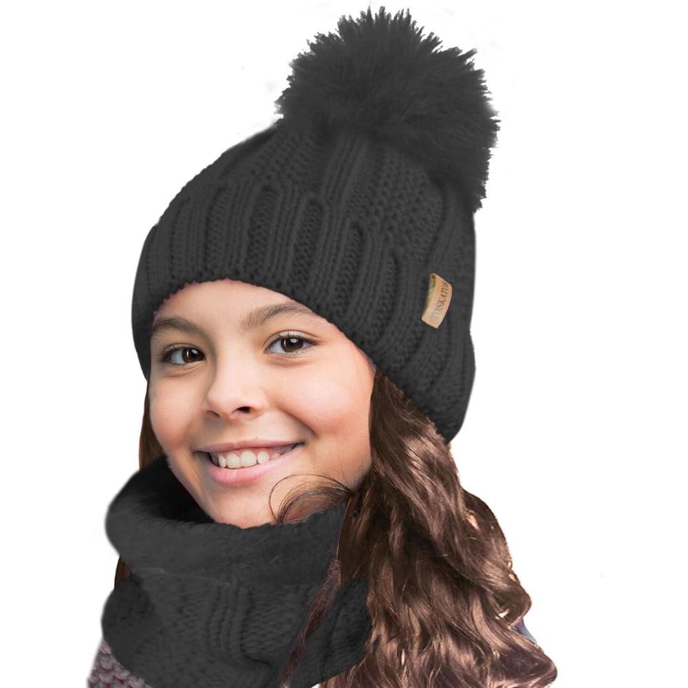 image:imageTOSKATOK enfants filles hiver ctes point de graine thermique chaud confortable polaire doubl cachecou Snood charpe avec chapeau ensembleTaille uniqueEnsemble Noir